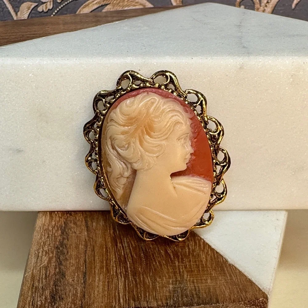 Vintage Cameo Type Costume Pin Brooch in Goldtone Frame Setting Lot B38